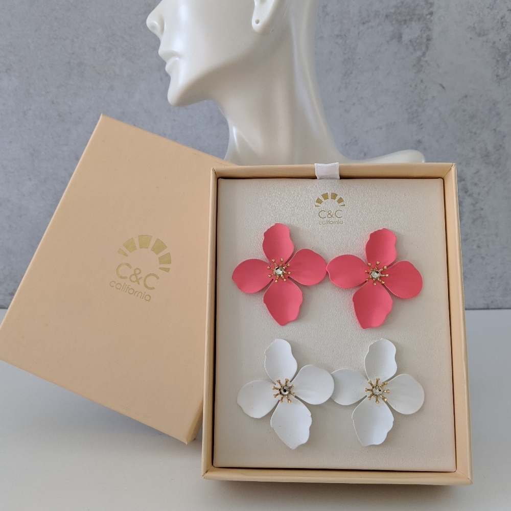 C & C California White & Pink Large Flower Statement Earrings 2 Pair Set, NWT